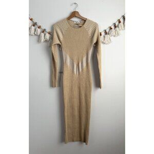 NA-KD Ribbed Knit Detail Midi Long Sleeve Dress Beige Fitted Modest Neutral S